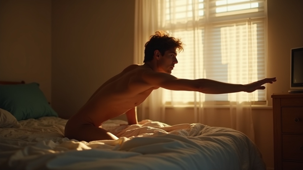 An athlete in their 20s stretches out of bed at dawn, blending drowsiness with determination in a softly lit bedroom that signals the transition from rest to activity.