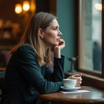 A person in a cozy café late afternoon, holding coffee and gazing thoughtfully out the window, lit by mixed natural and warm interior light.
