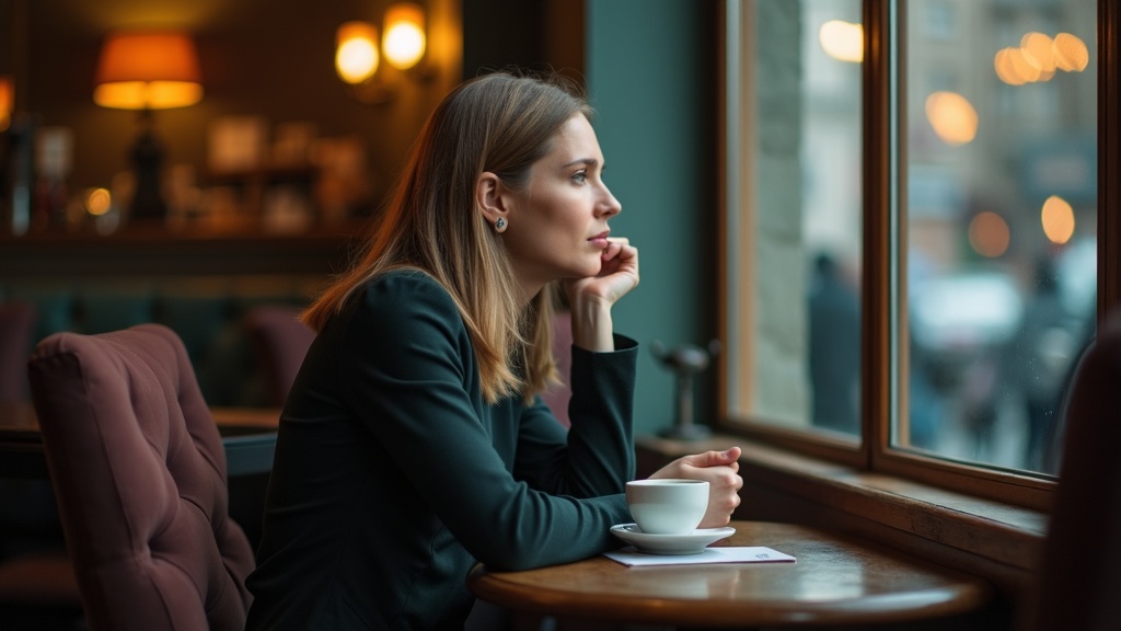 A person in a cozy café late afternoon, holding coffee and gazing thoughtfully out the window, lit by mixed natural and warm interior light.