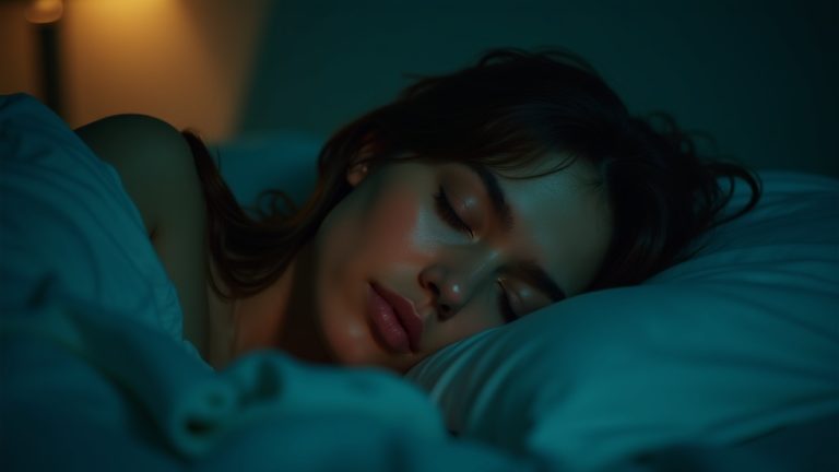 A young adult sleeping in a soft teal-lit bedroom, illuminated by the warm glow of a nearby sleep tracker, highlighting sensitivity to nighttime ambiance.