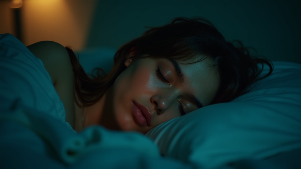 A young adult sleeping in a soft teal-lit bedroom, illuminated by the warm glow of a nearby sleep tracker, highlighting sensitivity to nighttime ambiance.