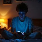 Teenager sitting on a bed at night, illuminated by both a warm bedside lamp and the blue glow of a smartphone, surrounded by personal items in a cozy bedroom.