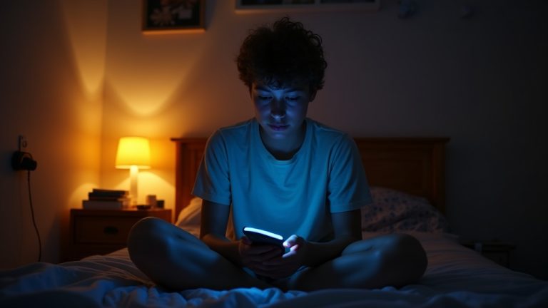 Teenager sitting on a bed at night, illuminated by both a warm bedside lamp and the blue glow of a smartphone, surrounded by personal items in a cozy bedroom.