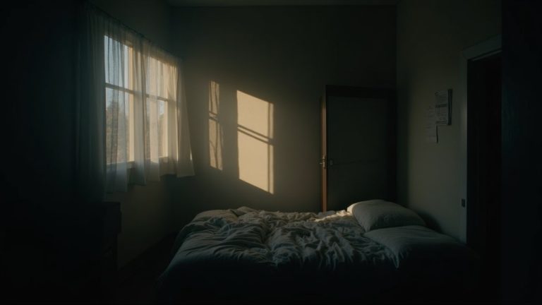 A shadow-filled bedroom with uneven walls, messy bed, and fragmented lighting, highlighting an uneasy and disrupted sleep environment.