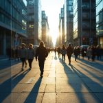 A city street at twilight with shifting, layered transparencies and blurred figures, capturing the feeling of time passing before dawn.