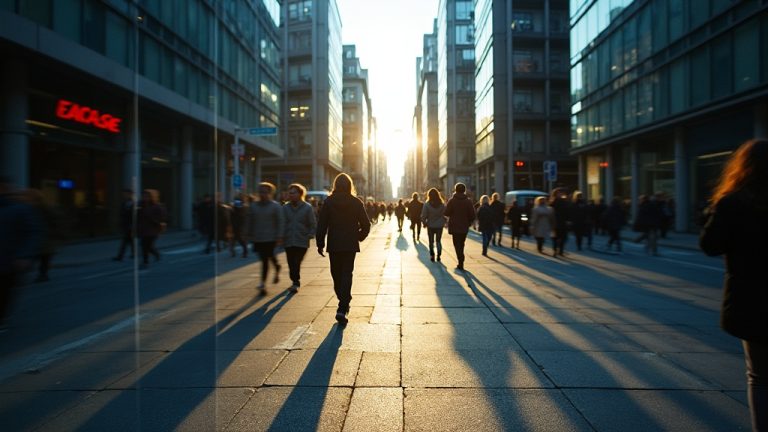 A city street at twilight with shifting, layered transparencies and blurred figures, capturing the feeling of time passing before dawn.