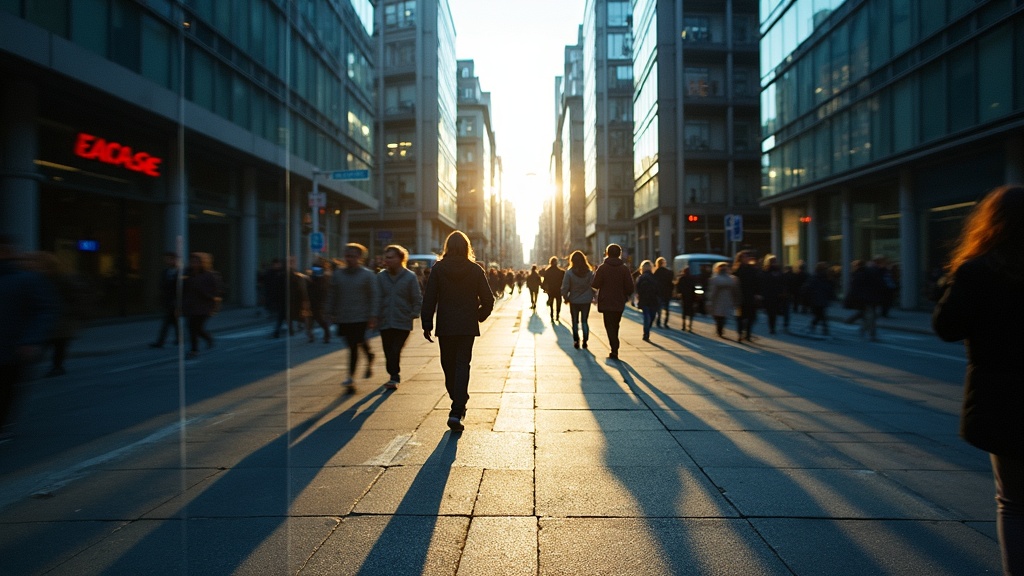 A city street at twilight with shifting, layered transparencies and blurred figures, capturing the feeling of time passing before dawn.