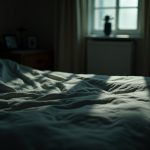 Dimly lit bedroom with unmade bed and ambiguous shadows, suggesting a presence while evoking a sense of disrupted calm.