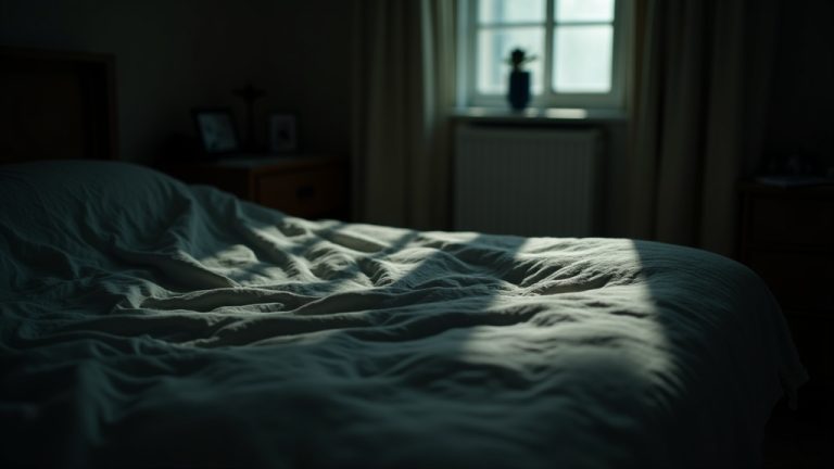 Dimly lit bedroom with unmade bed and ambiguous shadows, suggesting a presence while evoking a sense of disrupted calm.