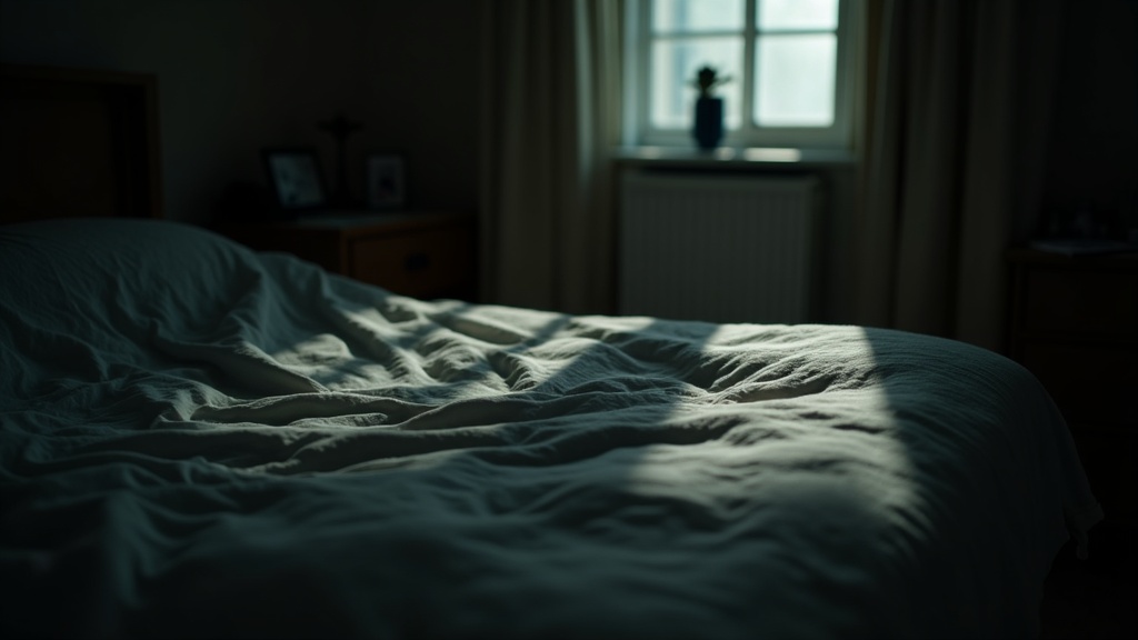 Dimly lit bedroom with unmade bed and ambiguous shadows, suggesting a presence while evoking a sense of disrupted calm.