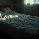 A cramped bedroom showing tangled sheets and shadows on a tightly made bed, evoking the tension and discomfort couples may feel when sharing limited sleeping space.