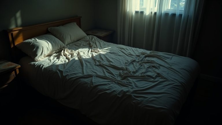 A cramped bedroom showing tangled sheets and shadows on a tightly made bed, evoking the tension and discomfort couples may feel when sharing limited sleeping space.