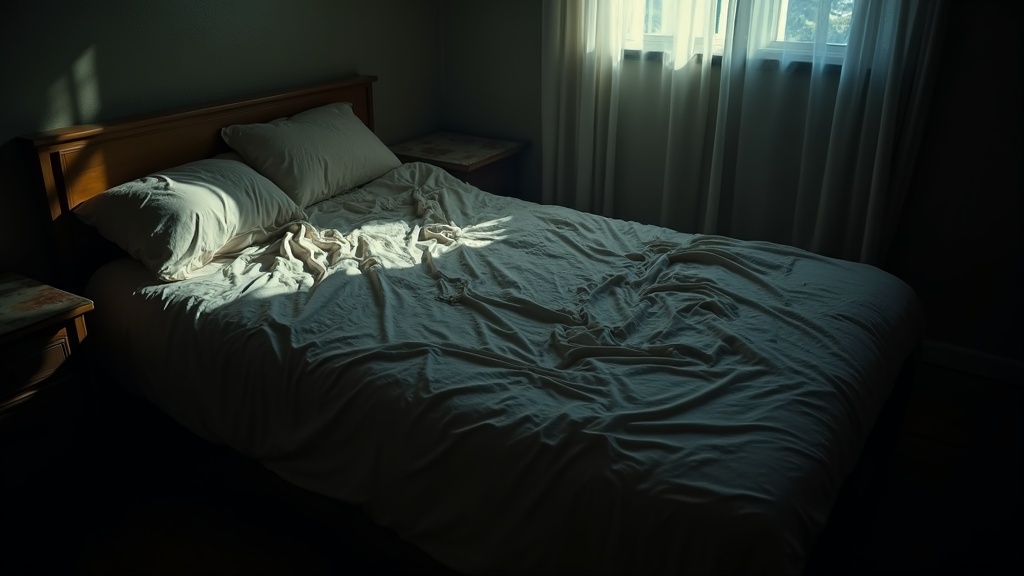 A cramped bedroom showing tangled sheets and shadows on a tightly made bed, evoking the tension and discomfort couples may feel when sharing limited sleeping space.