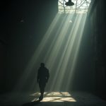 Dim maze-like space with shifting beams of light and overlapping shadows, suggesting uncertainty and complexity around melatonin use.