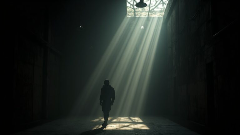 Dim maze-like space with shifting beams of light and overlapping shadows, suggesting uncertainty and complexity around melatonin use.