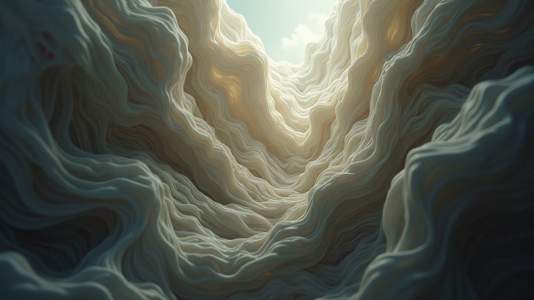 Layers of textured fabric and shadows arranged in disorder, subtly suggesting a hidden human presence, evoking the complexity of sleep experiences.