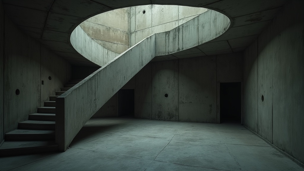 A twisting, shadowy labyrinth with overlapping corridors evokes a sense of confusion and mental unrest, reflecting nighttime overthinking.