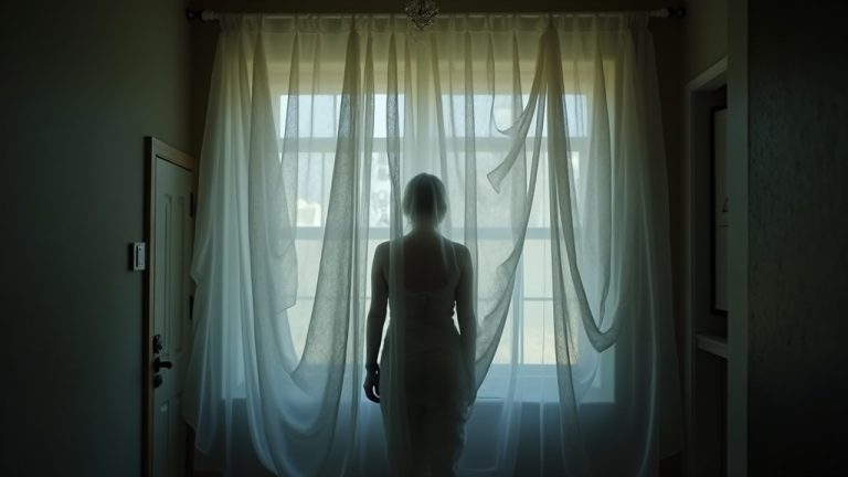 A shadowy human silhouette behind swirling translucent layers in a dimly lit room, suggesting the mysterious and private nature of sleep behaviors.