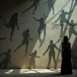 Shadows and fractured human silhouettes blend on a rough, dimly lit surface, symbolizing the hidden and often unnoticed effects of everyday foods on sleep.