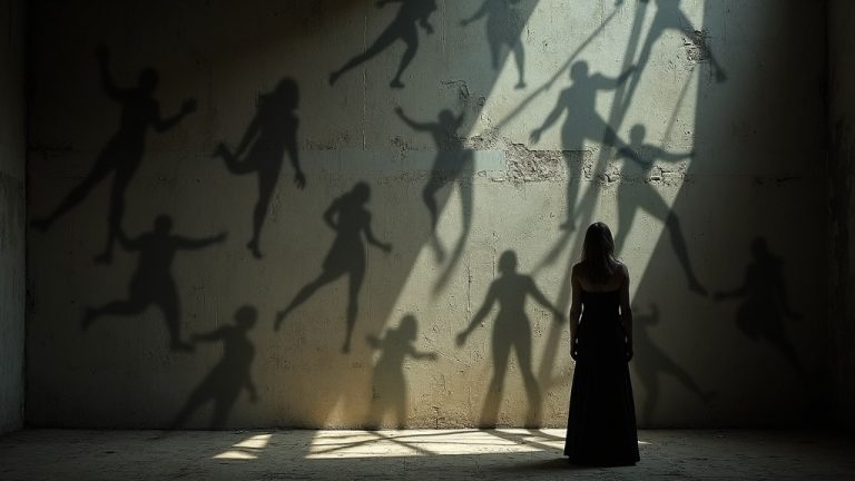 Shadows and fractured human silhouettes blend on a rough, dimly lit surface, symbolizing the hidden and often unnoticed effects of everyday foods on sleep.