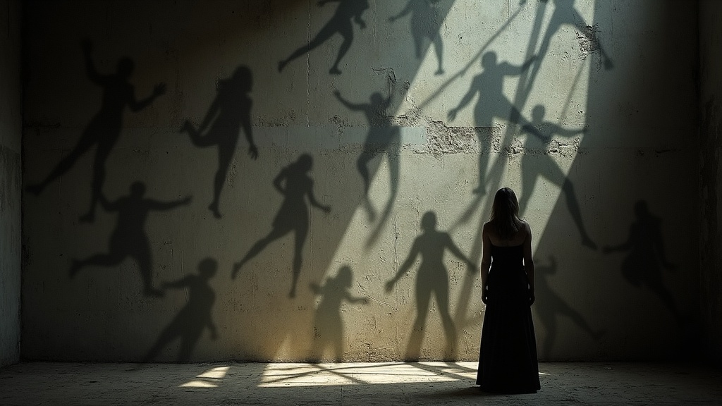 Shadows and fractured human silhouettes blend on a rough, dimly lit surface, symbolizing the hidden and often unnoticed effects of everyday foods on sleep.