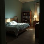Disordered bedroom with skewed furniture and tangled bedding under dramatic lighting, capturing sleep disruption and unrest.