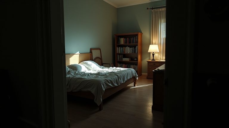 Disordered bedroom with skewed furniture and tangled bedding under dramatic lighting, capturing sleep disruption and unrest.