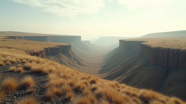 An abstract landscape with warped earth and overlapping horizons conveys the confusion and disorientation of waking up tired despite sufficient sleep.