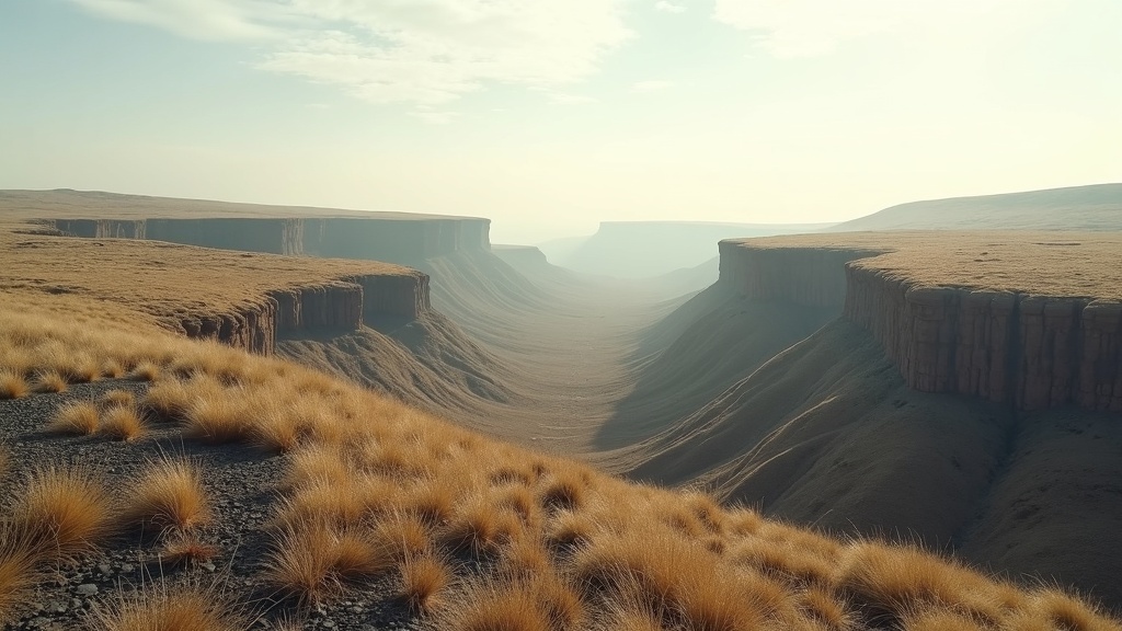 An abstract landscape with warped earth and overlapping horizons conveys the confusion and disorientation of waking up tired despite sufficient sleep.