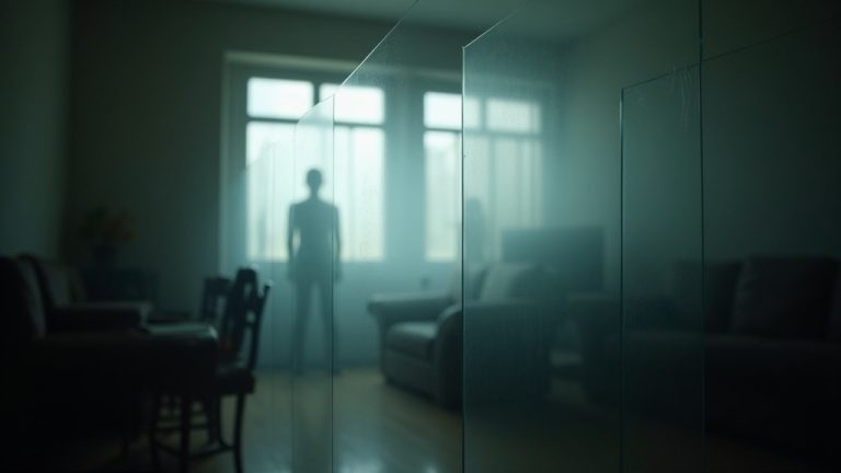 A softly lit, ambiguous bedroom scene with translucent panels and a shadowy human silhouette, evoking uncertainty and the challenge of diagnosing sleep issues.