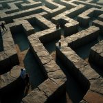 A tangled, maze-like pathway with shifting shadows and indistinct figures, symbolizing the complexity of navigating teen sleep changes.