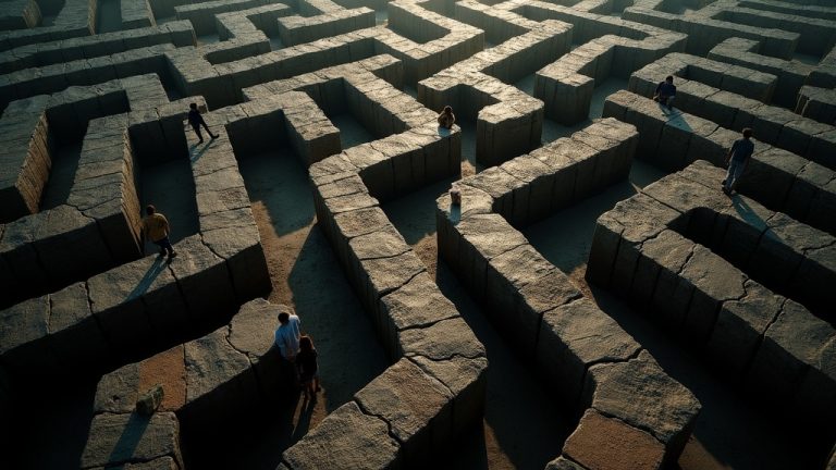 A tangled, maze-like pathway with shifting shadows and indistinct figures, symbolizing the complexity of navigating teen sleep changes.