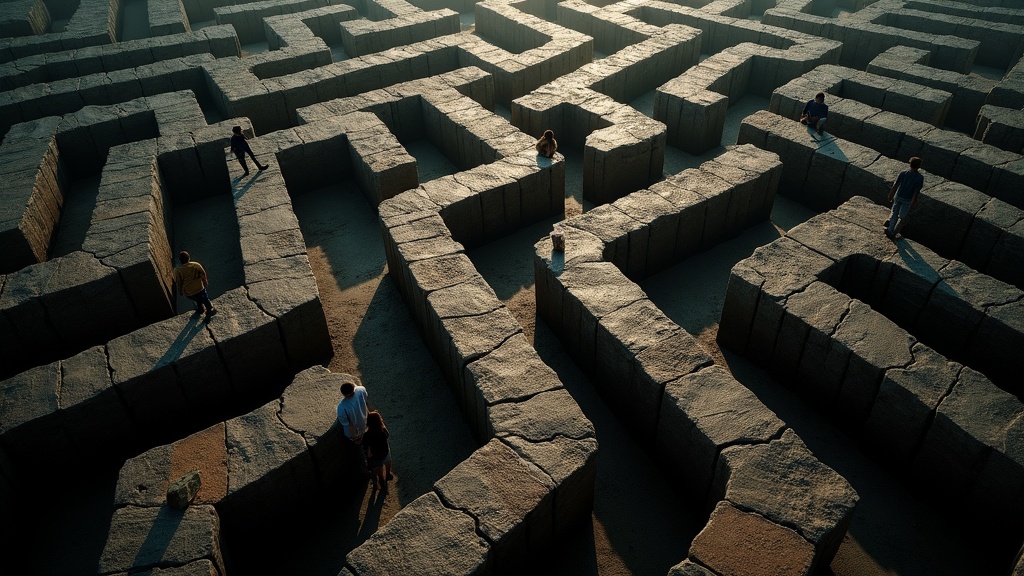 A tangled, maze-like pathway with shifting shadows and indistinct figures, symbolizing the complexity of navigating teen sleep changes.