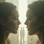 Two abstract, blurred human silhouettes overlap awkwardly in a dark, compressed space, evoking tension and discomfort in a shared sleep environment.