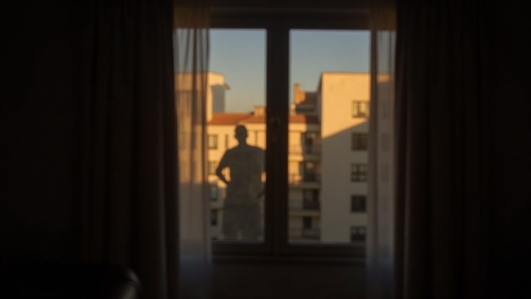 Dusky bedroom with heavy blackout curtains blurring outlines of interior and exterior, casting soft, uneven shadows and a faint human silhouette.