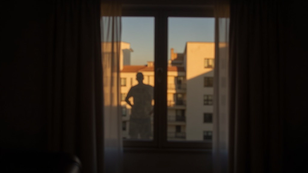 Dusky bedroom with heavy blackout curtains blurring outlines of interior and exterior, casting soft, uneven shadows and a faint human silhouette.