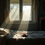 Harsh daylight invading a cluttered, unmade bedroom illustrates how ambient light disrupts restful sleep before blackout curtains are installed.