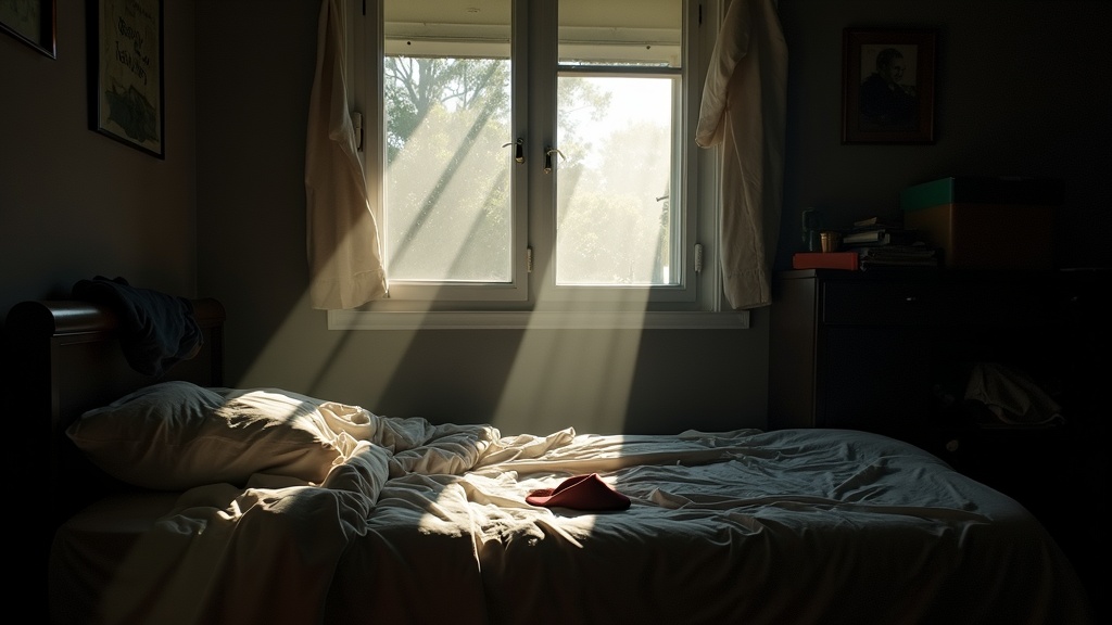 Harsh daylight invading a cluttered, unmade bedroom illustrates how ambient light disrupts restful sleep before blackout curtains are installed.