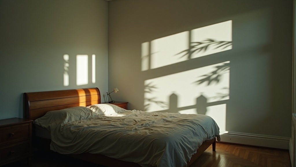 A bedroom with shifting light and warped surfaces, highlighting how temperature variability can affect the comfort and atmosphere of a sleep environment.