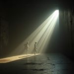 Chaotic beams of light and deep shadows create a fragmented, restless atmosphere, reflecting the turmoil caffeine can bring to nighttime rest.