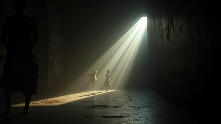 Chaotic beams of light and deep shadows create a fragmented, restless atmosphere, reflecting the turmoil caffeine can bring to nighttime rest.