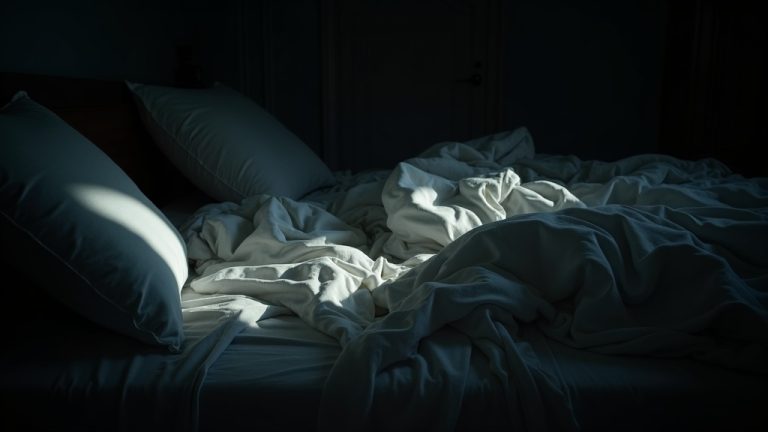A shadowy, slightly chaotic bedroom with tangled bedding and pillows suggests the challenge of bedtime routines for families.