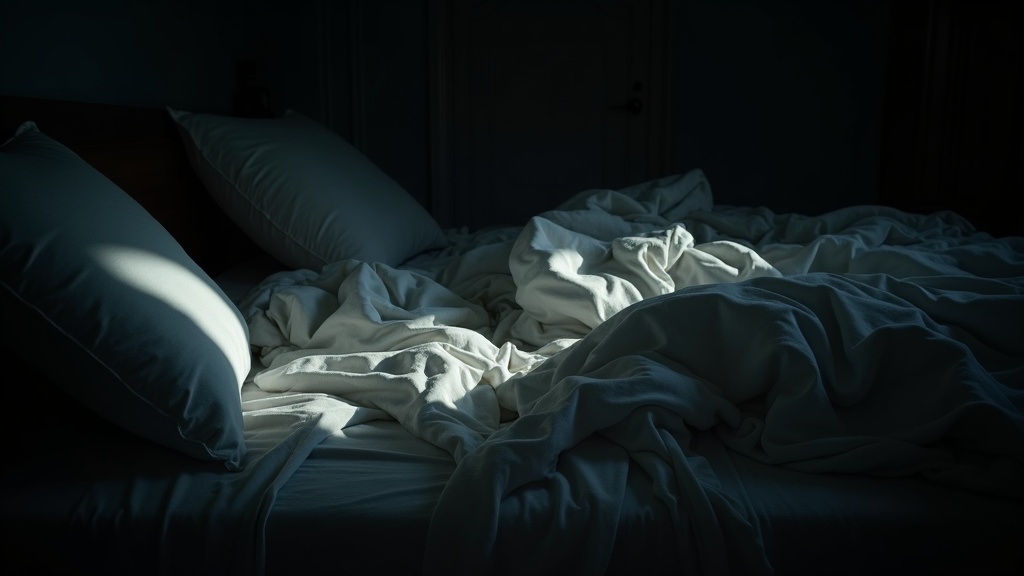 A shadowy, slightly chaotic bedroom with tangled bedding and pillows suggests the challenge of bedtime routines for families.