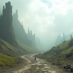 Surreal misty landscape with fragmented hills and distorted architecture, casting complex shadows and vague human-like silhouettes, evoking feelings of disruption and uncertainty.