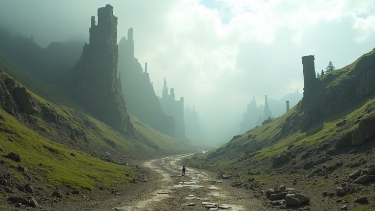 Surreal misty landscape with fragmented hills and distorted architecture, casting complex shadows and vague human-like silhouettes, evoking feelings of disruption and uncertainty.