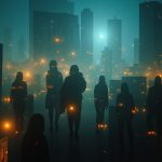 A layered nighttime cityscape blended with distorted food shapes and faint human silhouettes, evoking confusion around evening eating habits.