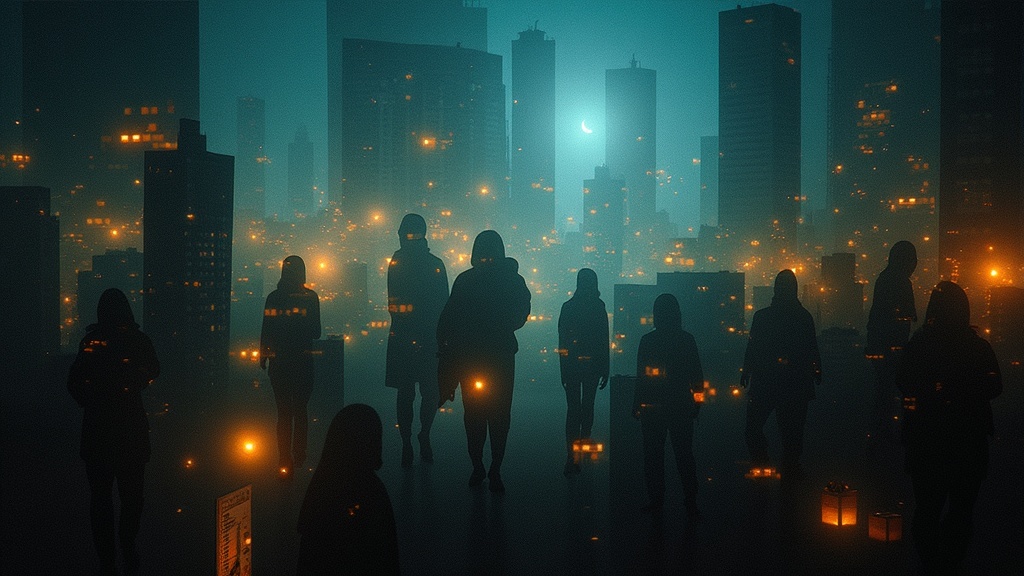 A layered nighttime cityscape blended with distorted food shapes and faint human silhouettes, evoking confusion around evening eating habits.