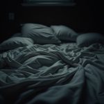 Dimly lit bedroom with tangled sheets and distorted shadows conveying nighttime unease and restlessness.