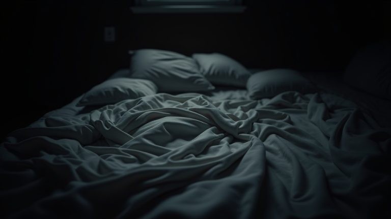 Dimly lit bedroom with tangled sheets and distorted shadows conveying nighttime unease and restlessness.