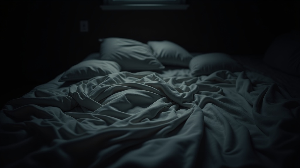 Dimly lit bedroom with tangled sheets and distorted shadows conveying nighttime unease and restlessness.